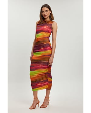 Marbled Printed Mesh Ruched Jersey Maxi Dress