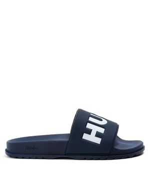 Boys Hugo Match It Slides Open Toe Logo Print Flats in Dark Blue