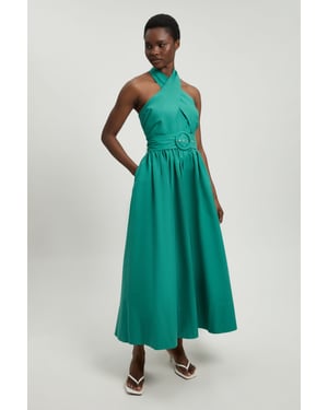 Cotton Poplin Cross Over Halter Neck Woven Midi Dress