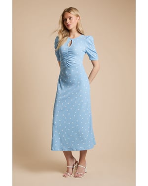 Blue Spot Short Sleeve Keyhole Jersey Midi Dress