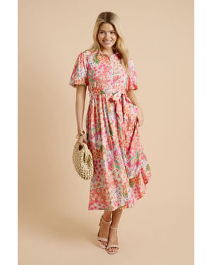 Patchwork Floral Belted Puff Sleeve Shirt Dress