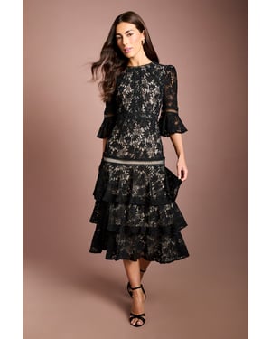Lace Tiered Skirt 3/4 Sleeve Midi Dress