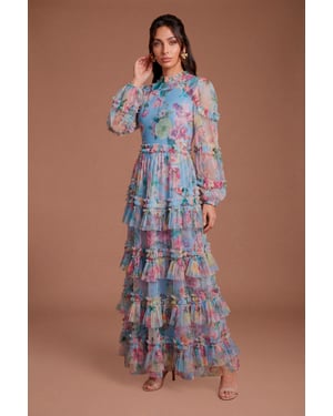 Printed Tiered Ruffle Mesh Maxi Dress