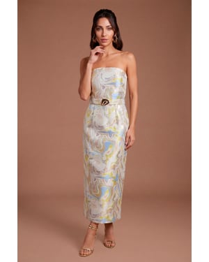 Jacquard Belted Bandeau Pencil Dress
