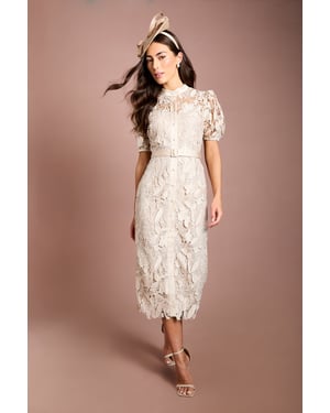 Satin Lace Puff Sleeve Midi Dress