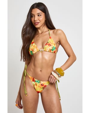 Abstract Floral Print Triangle Top And Tie Side Bikini Bottoms