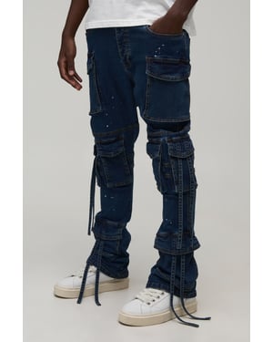 Washed Stacked Flare Strap Detail Cargo Jeans