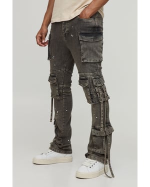 Washed Stacked Flare Strap Detail Cargo Jeans