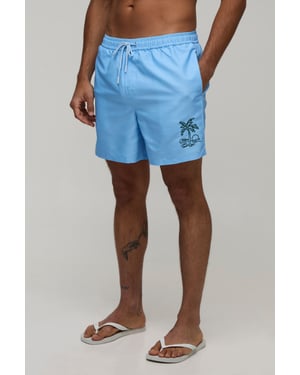 Palm Embroidered Mid Length Swim Short