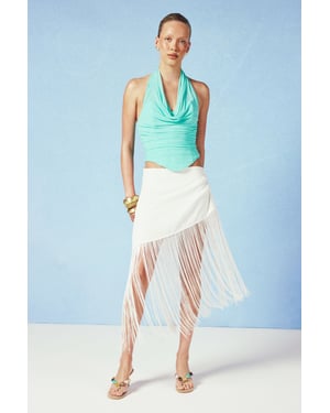 Linen Tassle Trim Asymmetric Skirt