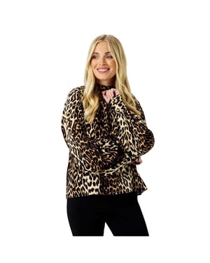 Biba Damesblouse met ballonmouwen en luipaardprint (Zwart/Beige)