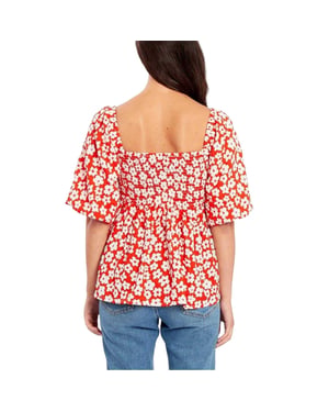 Be You Damesblouse met wafelpatroon, vierkante hals en pofmouwen (Rood, Wit)