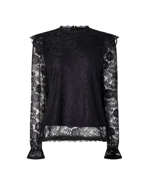 Pieces Damesblouse met hoge hals en kanten versiering, normale pasvorm (Zwart)