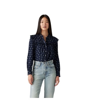 Levis Damblus med blommönster, hög hals och volanger – Gianna (Marinblått)