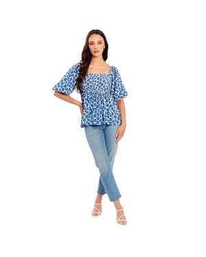 Be You Damesblouse met wafelpatroon, vierkante hals en pofmouwen (Marine, Wit)