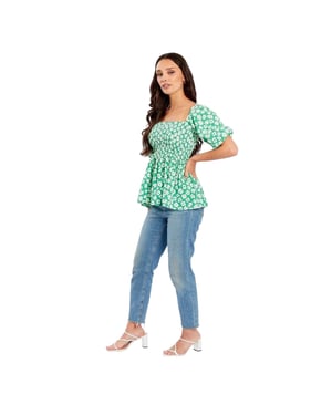 Be You Damesblouse met wafelpatroon, vierkante hals en pofmouwen (Groen, Wit)