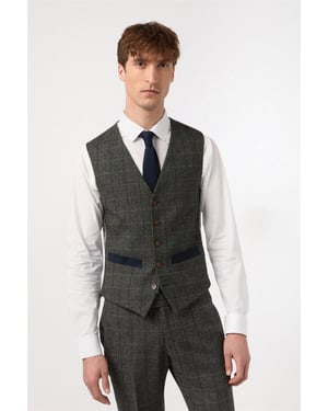 Single Breasted Sleeveless Five Button V-neck Plain Slim Fit Suit Waistcoat in Olive