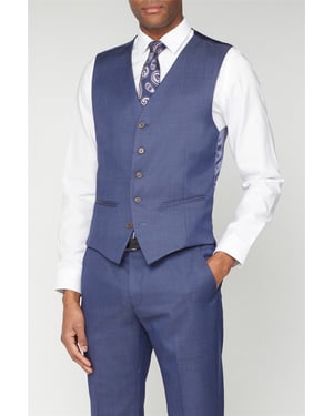 Single Breasted Five Button V-neck Plain Tailored Suit Waistcoat in Blue