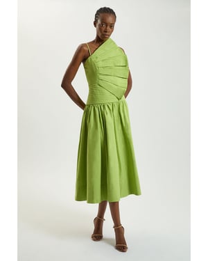 Cotton Poplin 3D Pleat Detail Woven Midi Dress