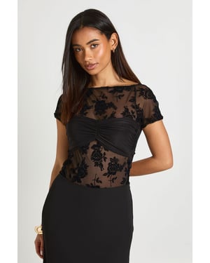 Floral Flocked Mesh Twist Front Short Sleeve Bodysuit