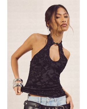 Keyhole Devore Trim Halterneck Top