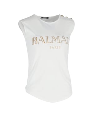 Balmain Logo Print Tank Top in White Cotton