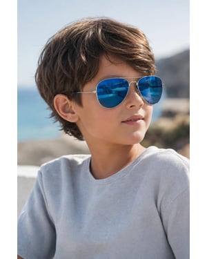 Kids Aviator Sunglasses Silver Frame With Blue Mirrored Lenses