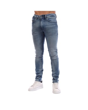 Diesel Herr Tvättad Denim 5-Fickors Rakt Ben Jeans (Blå Denim)