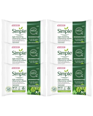 Simple Age-Resisting Cleansing Wipes Green Tea 20 Wipes, Pack of 6 for Sensitive Skin