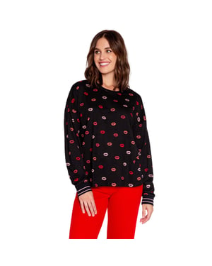 PJ Salvage Lippy-pyjamashirt met lange mouwen voor dames (Zwart/Rood/Roze)