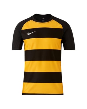 Nike Raglan-rugby-T-shirt för män med kontrastränder och rund hals (Svart/universitetsguld)