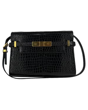 Saint Laurent Croco Gegraveerde Manhattan Schoudertas in Zwart Leer