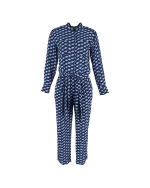 Diane Von Furstenberg jumpsuit met geometrische print en lange mouwen in blauwe viscose.