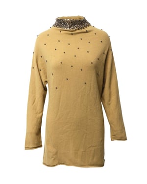 Valentino Garavani gebreide jurk met kristallen versieringen in bruine camelkleurige wol.
