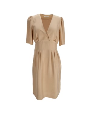 Chloé midi-jurk met V-hals en korte mouwen in beige zijde
