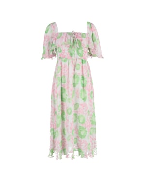 Ganni midi-jurk met bloemenprint en plooien in veelkleurige polyester