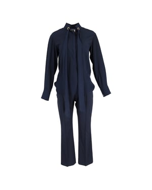 Chloé blouse en broek met strik bij de hals in marineblauwe viscose.