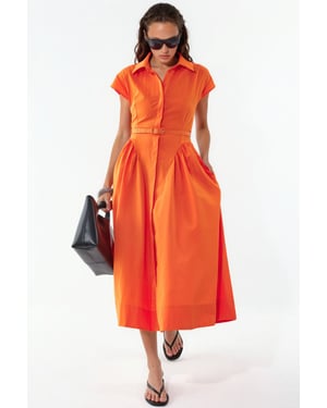 Belted Midi Dress with Shirt Collar