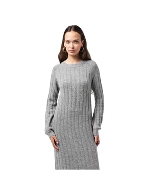 Pieces Gebreide midi-jurk met ronde hals en lange mouwen voor dames (Medium grijs gemêleerd)
