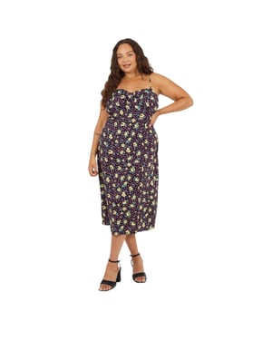 Brave Soul Midi-jurk met gebogen spaghettibandjes en bloemenprint voor dames (Zwart/Groen/Geel)