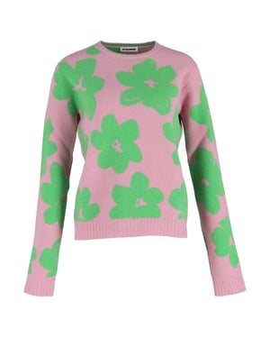 Jil Sander gebreide trui met bloemenprint en ronde hals in roze wol