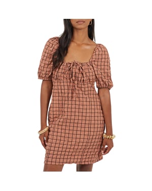 Brave Soul Mini-jurk voor dames met ruitjespatroon, vierkante halslijn en pofmouwen (Roest/Zwart)