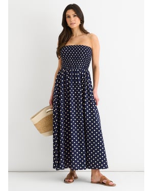 Navy Shirred Top Viscose Spot Midi Dress