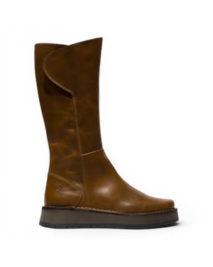 Fly London Dames Tan Leren High Pull On lange laarzen - RHEA042