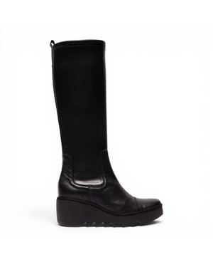 Fly London Dames Zwarte Leren Hoge Wighak Lange Laarzen - BUDI603