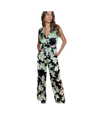 AX Paris Dames Bloemen V-hals Mouwloze Jumpsuit (Zwart/Groen)