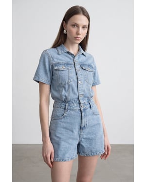Denim Dungaree Shorts Met Kraag