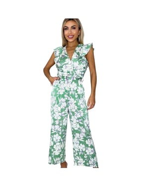 AX Paris Dames Bloemige Buidel Jumpsuit met Ceintuur (Groen)