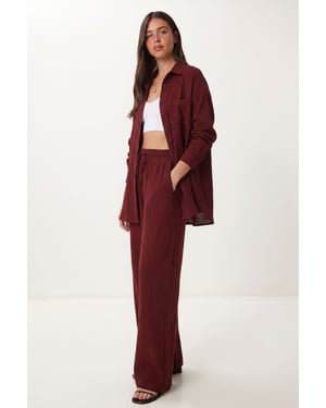 Hoge Taille Brede Pijpen Twee-Delig Co-ord Set met Kraag