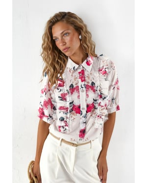 Bloemen Poplin Blouse met Kragen